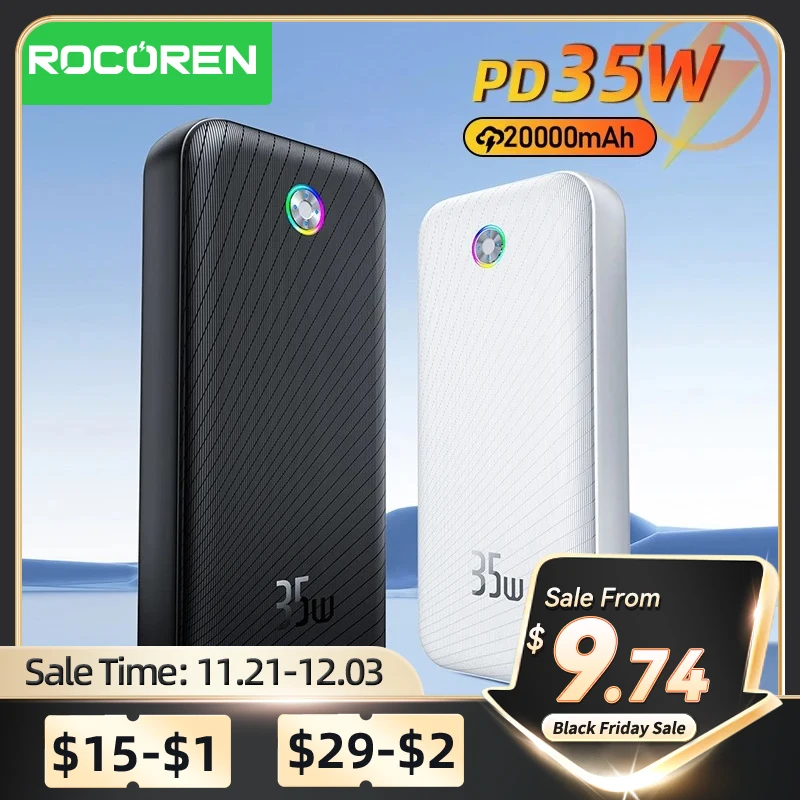 Rocoren 22.5W 20000mAh Power Bank QC PD 3.0 35W Fast Charge PowerBank  Portable 10000mAh External Battery For iPhone 16 Xiaomi