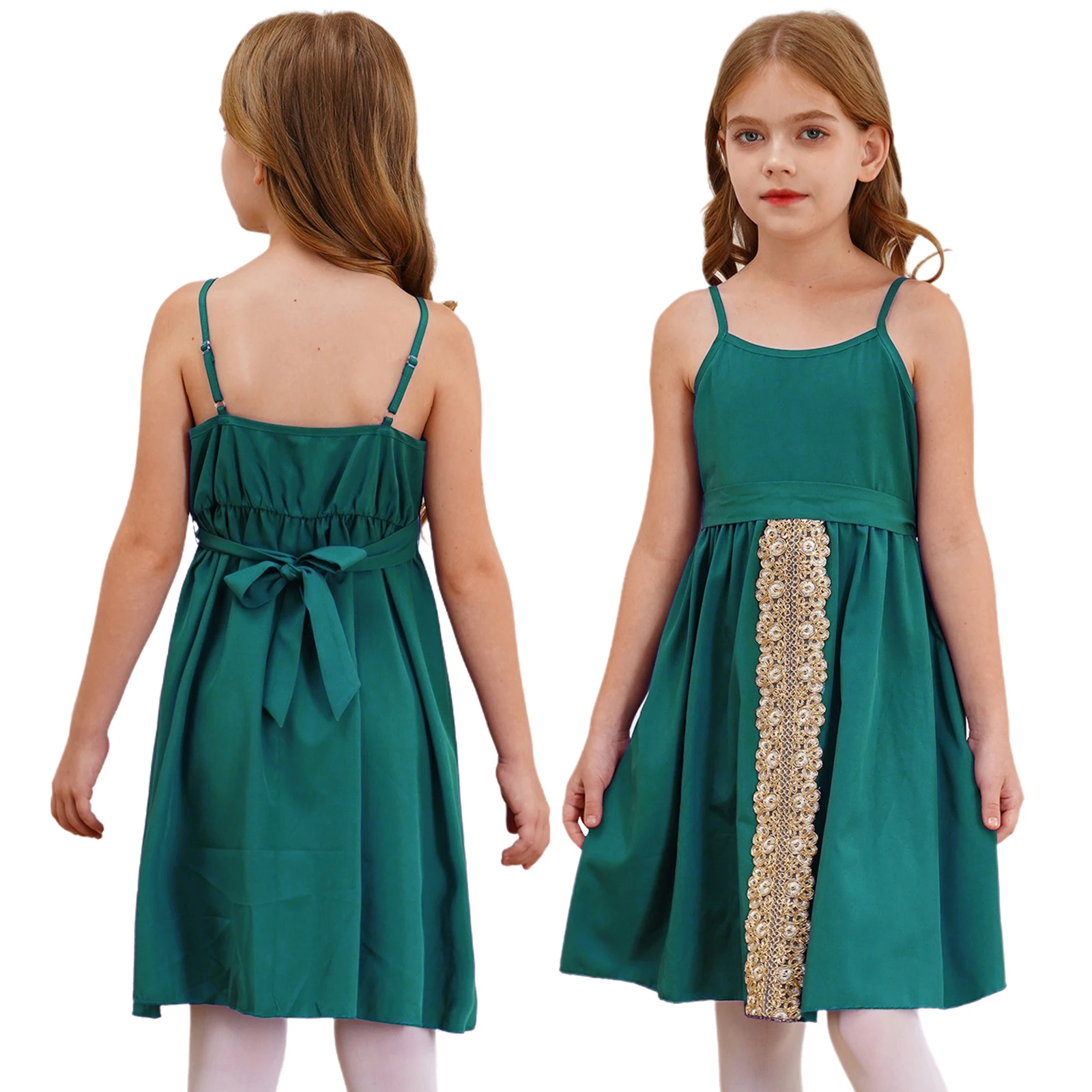 Kids Girls Vintage Embroidered Applique Party Dress for Dance Performance Costume Adjustable Spaghetti Straps Dress with Belt