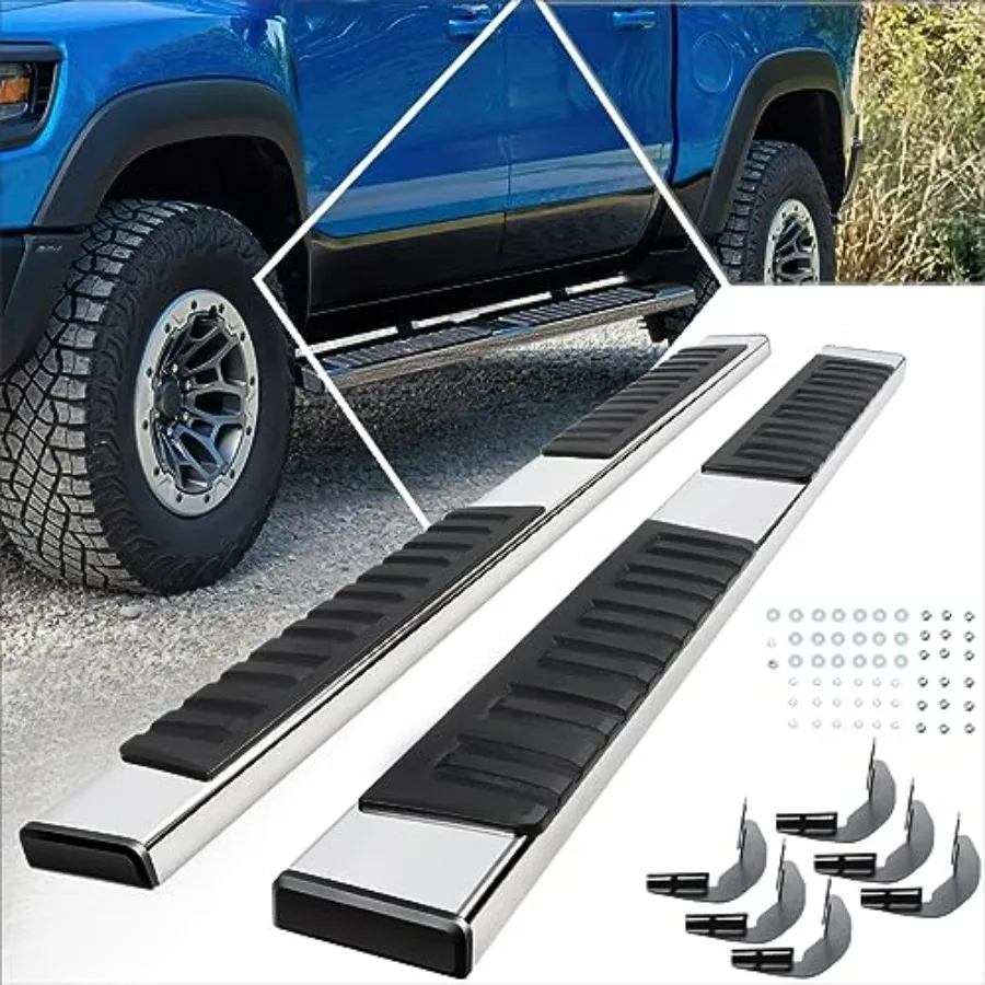 

6.75 Chrome Stainless Flat Running Boards Side Step Bars for 19-24 Dodge Ram 1500 Crew Cab - Durable Steel Design with Enhanced