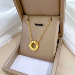 Women Girls Trendy Gold Color Solid Metal Circle Love Letter Necklaces, Minimalist Stainless Steel Collar Simple Pendant Jewelry
