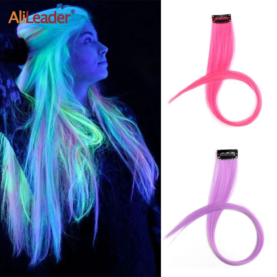 20 inç Glow saç ekleme klip renkli Hairpieces parti gökkuşağı saç klipleri sentetik Neon sahte postiş kadınlar için