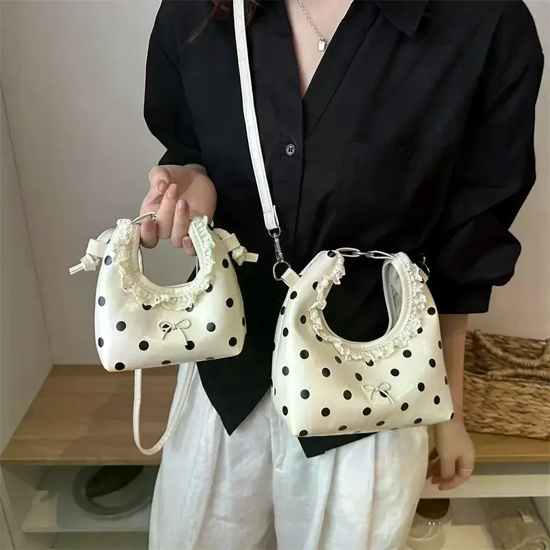 Light Polka Dot PU Leather Bag With Lace Ruffled Handle Cute Bow For Daily Shopping Dating Outings