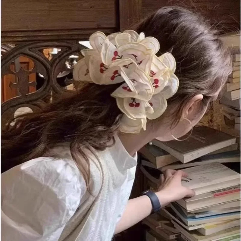 Summer Cherry Embroidery 3D Ruffle Double Layer Scrunchie Hair Tie Premium Hair Accessories for Women Girls Daily Wear Gifts