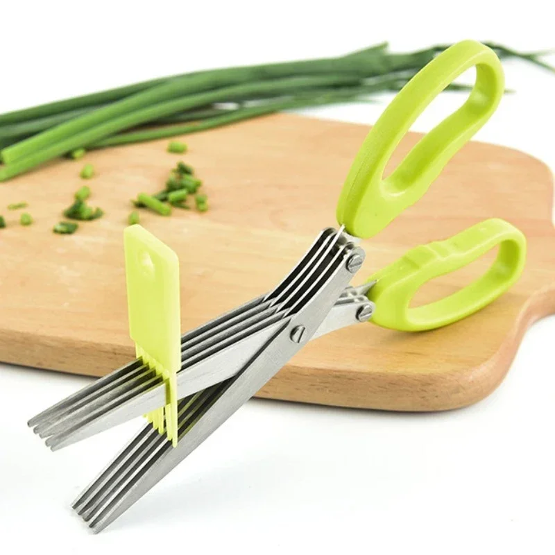 Household Stainless Steel Salad Shears 5-layer Scallion Scissors Green Comfort Handle Kitchen Tool Cooking Accessories for Home