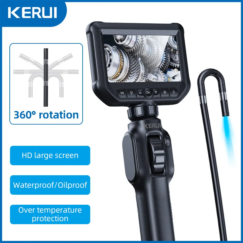 KERUI 2MP-Caméra endoscopique industrielle avec écran IPS de 4.3 pouces, rotation à 360 degrés, boroscope pour inspection de tuyaux de voitures