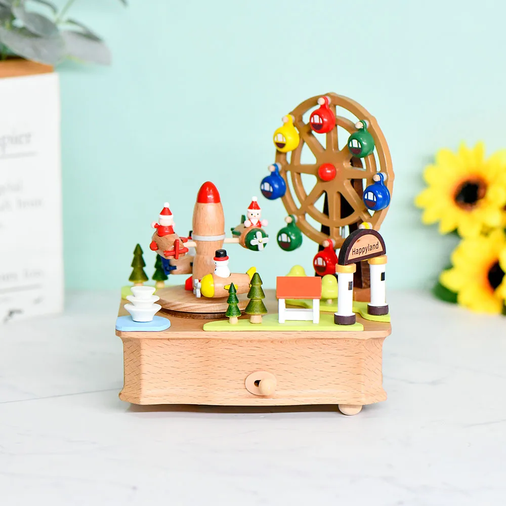 Wooden Music Box. Creative Retro Rotating Music Box Graduation Valentine's Day Gift Log Ferris Wheel Ornament