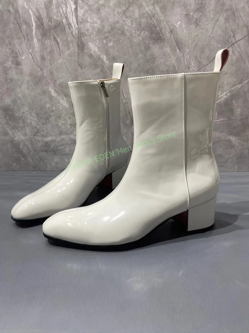 Classic Men White Leather Slip On Ankle Boots Pointed Toe Male Square High Heel Party Wedding Casual High Top Boots Shoes