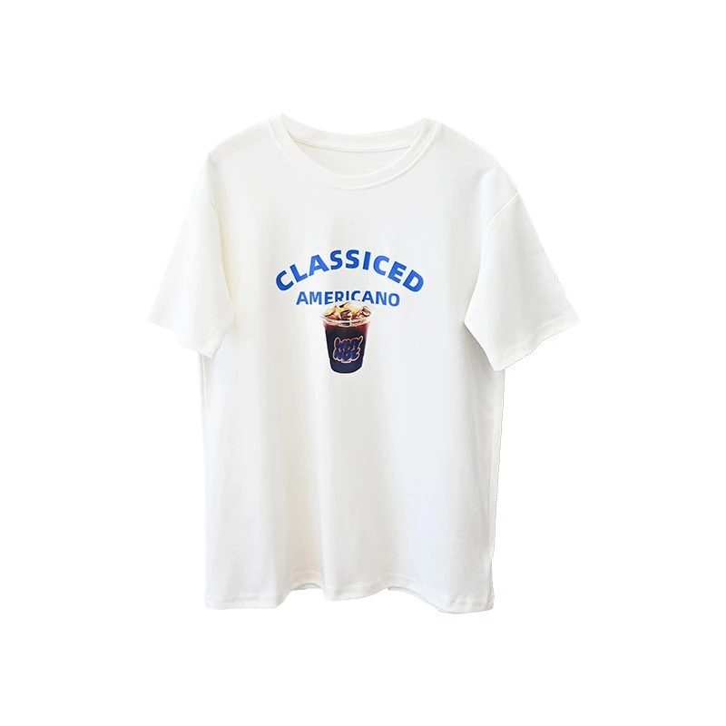 تي شيرت كلاسيكي مطبوع للقهوة من الولايات المتحدة ، جاراجاو ، على الطراز الكوري ، بسيط ، غير رسمي ، رقبة مستديرة ، بأكمام قصيرة ، بوليستر ، علوي