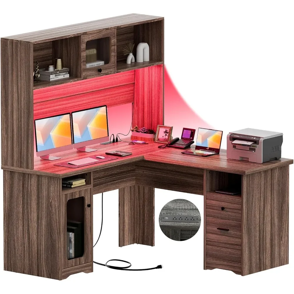 60 Inch Office Desk,with Drawers, with Power Outlet & LED Lights, Sturdy Corner,with Hutch and File Cabinets,Gaming Table