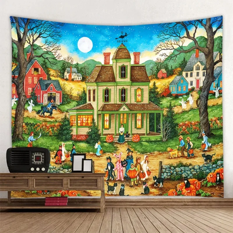 Halloween illustration tapestry children's room, home decoration, horror wall, pumpkin lamp, bedroom, holiday background cloth