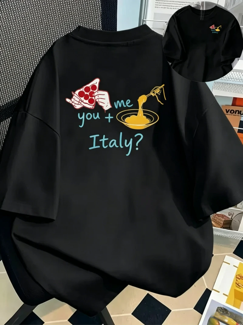 Women's Italian Cuisine Graphic T-Shirt - You + Me = Italy Pasta & Wine PrintCrew Neck Top, Spring Summer Tee, Italian T Shirt,