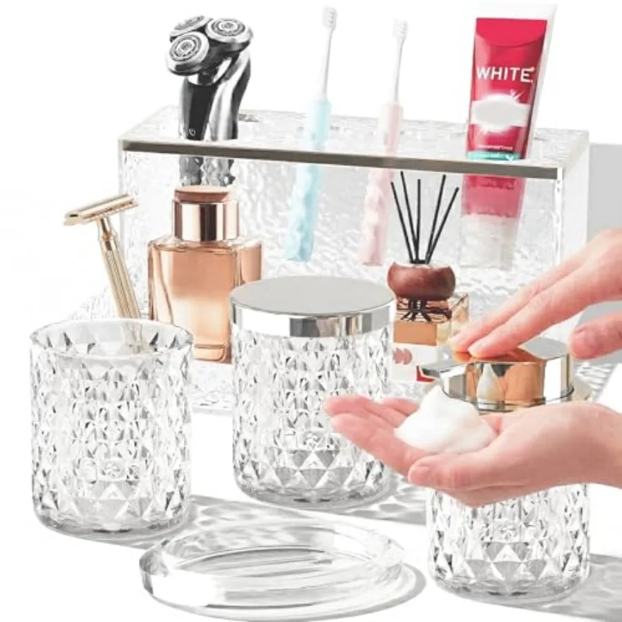 

Glass Bathroom Accessories Set 5Pcs Crystal - Foaming Soap Dispenser, Soap Dish, Cup, Acrylic Toothbrush Holder with Tray Organ