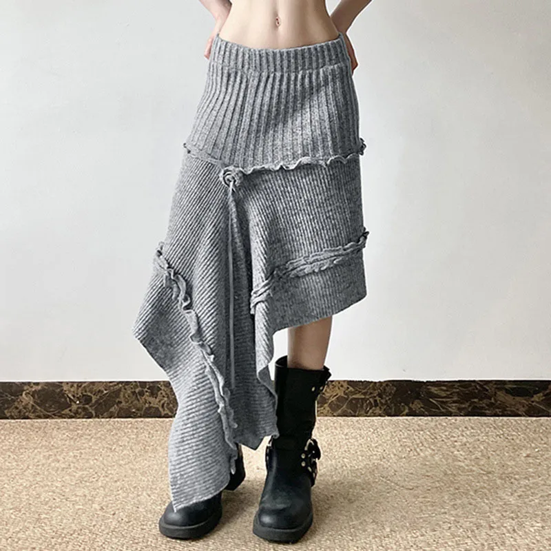 Lucyever Women's 3D Floral Asymmetrical Hem Skirts Streetwear Y2K Grunge Style Long Skirt Female Gray Ruffles Knitted Skirts