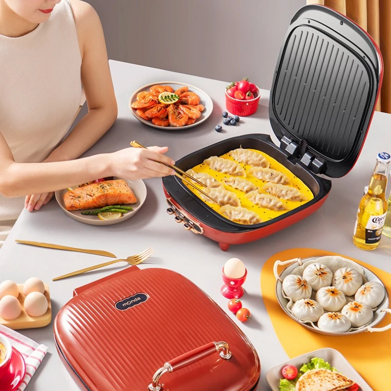 Máquina para Hornear Eléctrica de Gran Capacidad de 1400W, Plancha para Panqueques con Calentamiento de Doble Cara, Máquina para Hornear Pasteles y Pizzas, 3 Niveles de Ajuste, Parrilla