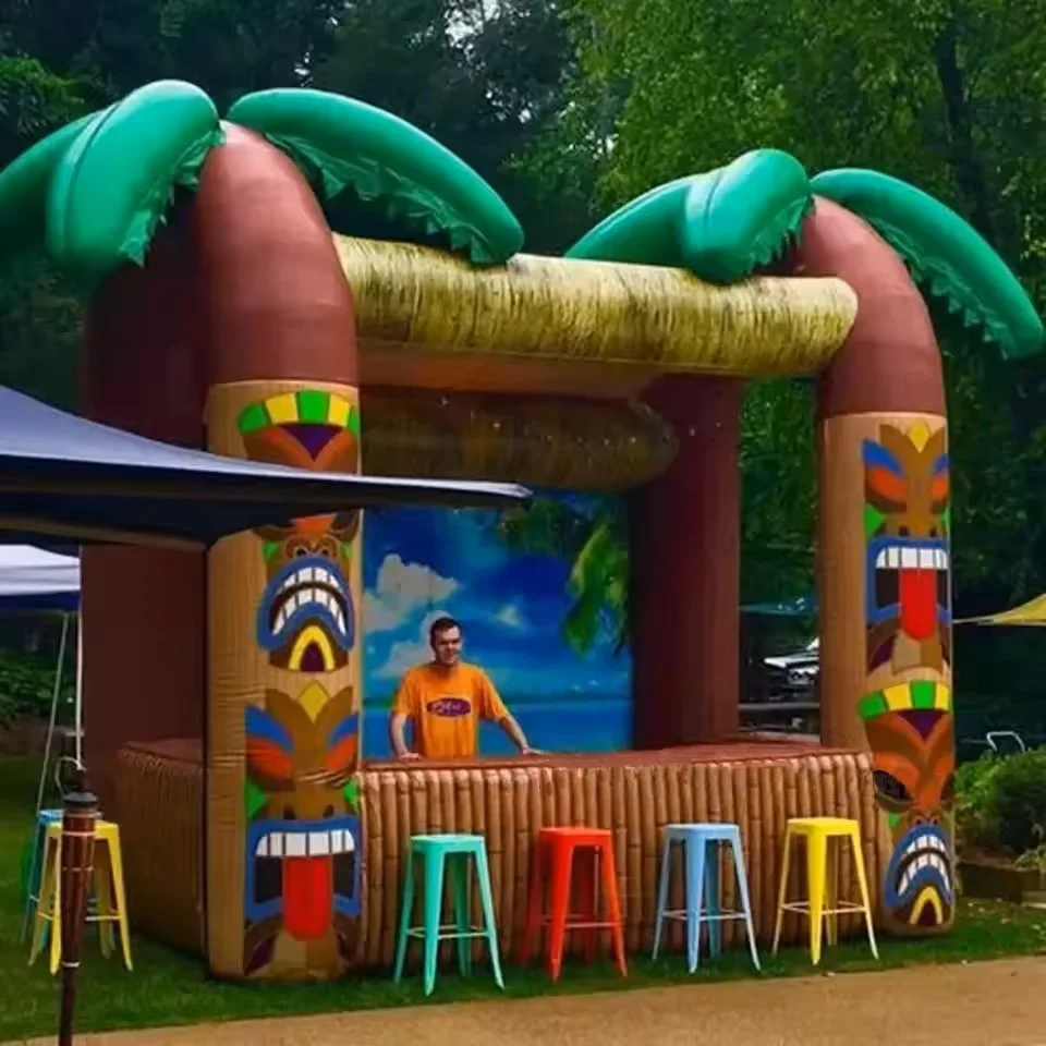 Bar de praia inflável para servir suporte de concessão de alimentos-bar tiki inflável ao ar livre com palmeira para festa no quintal