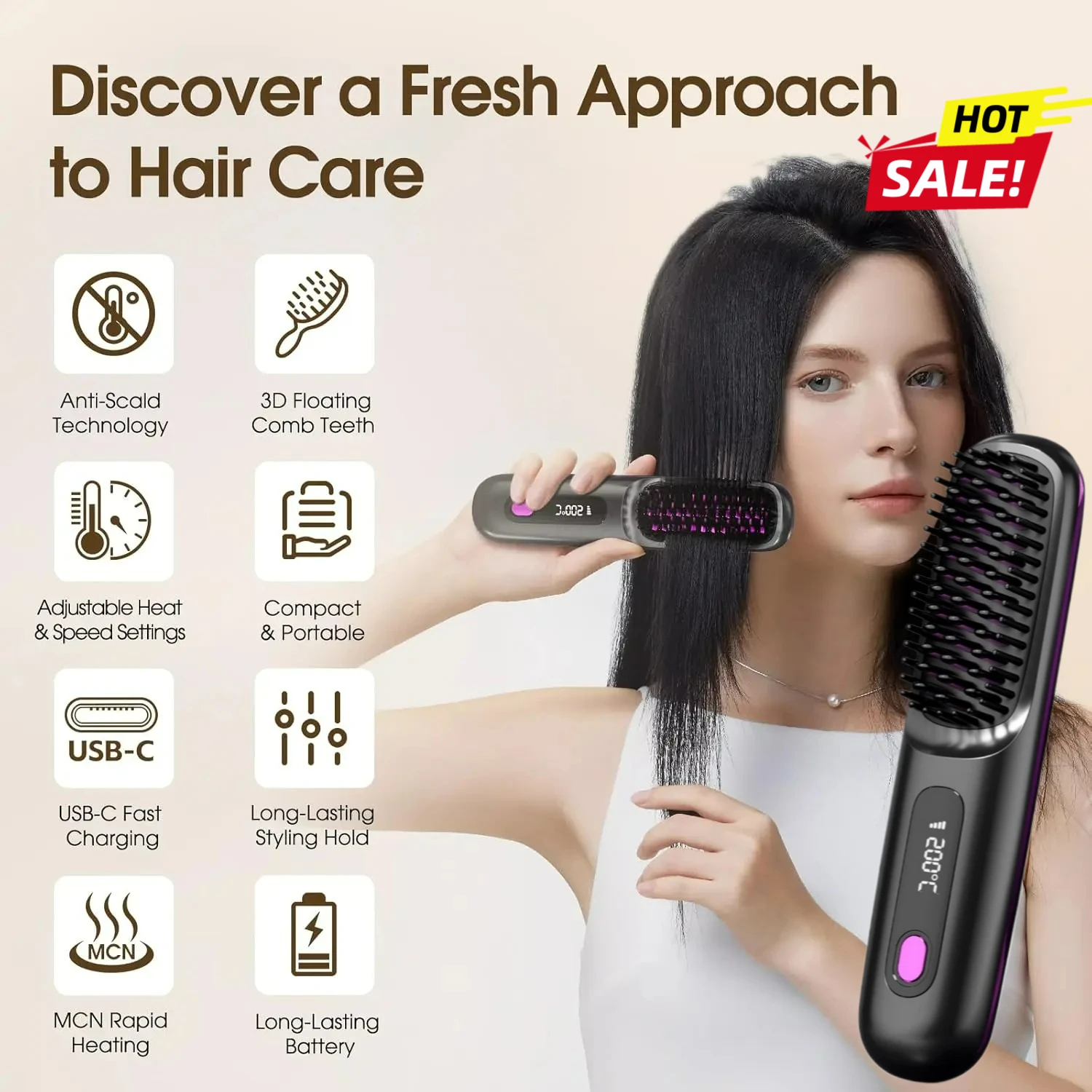 

Hair Straightener Brush with LCD Display Cordless USB Charging Straightener Portable Mini Straightening Brush for Home Travel