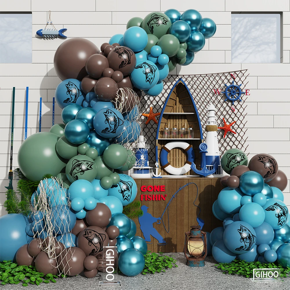 

116Pcs Gone Fishing Themed Balloon Garland Set Twilight Blue Avocado Green Rainbow Trout Printed Balloon Birthday Party Decor