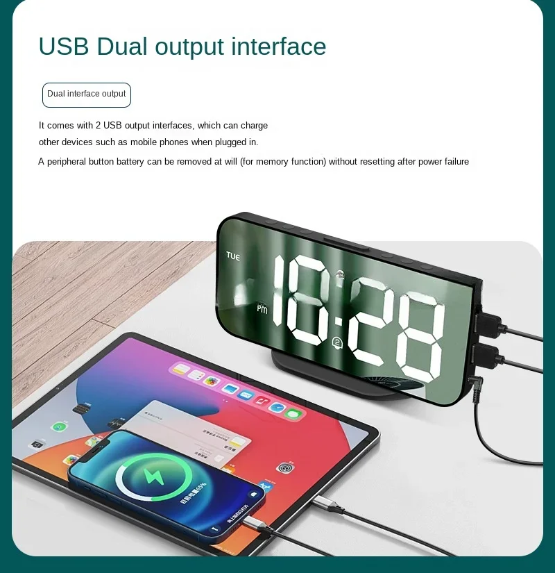 

New large screen mirror electronic clock digital wall clock 2 sets of alarm multi-functional electronic alarm clock seat clock