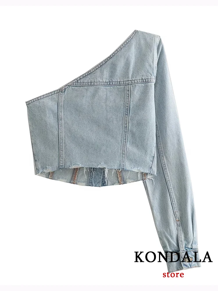 KONDALA Sexy Chic Women Solid Tops Denim Long Sleeve Asymmetrical Single Rotator Cuff Tops New Fashion 2023 Autumn Casual Tops