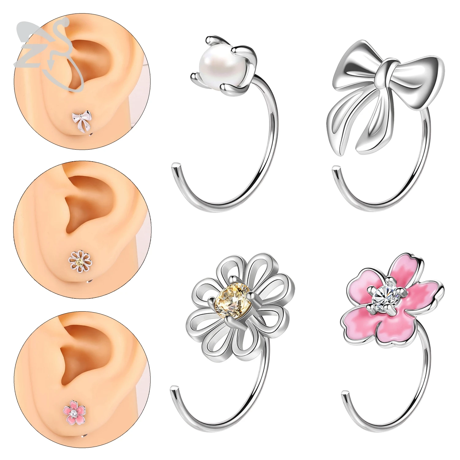 

ZS 1 Pair 20G 925 Sterling Silver Hoop Earring For Women Girls Cute Bowknot Daisy Earrings Ear Lobe Cartilage Piercings Jewelry