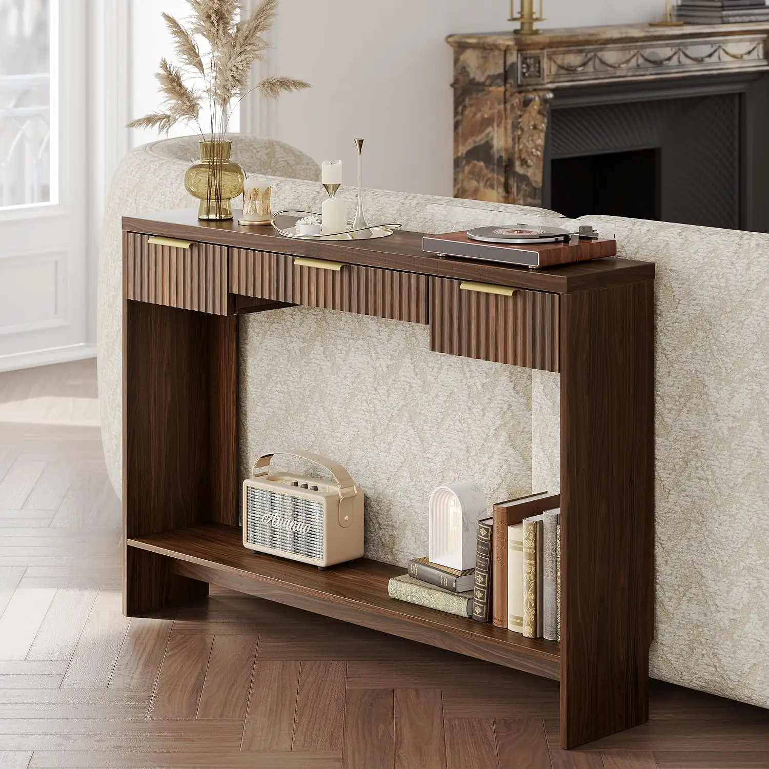 Entryway Console Sofa Table with 3 Drawers, Black Walnut | Fluted Entryway Table with Open Storage Shelf, Narrow, Customized