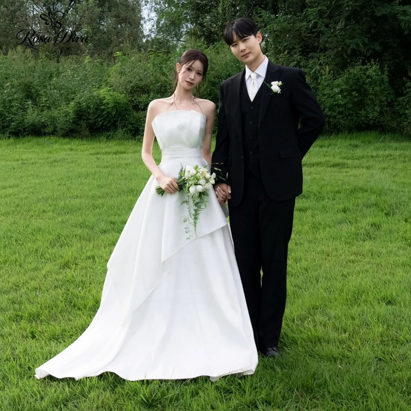 Rosa Diva Strapless Satin A Line Wedding Dress Irregular Ruffle Skirt Simple Bridal Gown For Garden Outdoor Wedding Customized