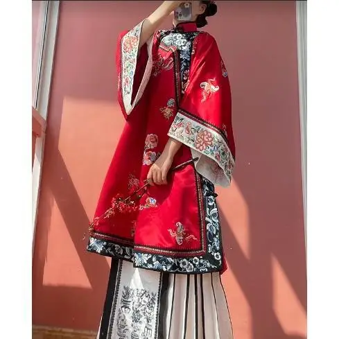 Original China Heavy Industry Cos Embroidery Printed Tops Antique Style Clothes Blue Late Qing And Han Cloaks Outerwear Dress