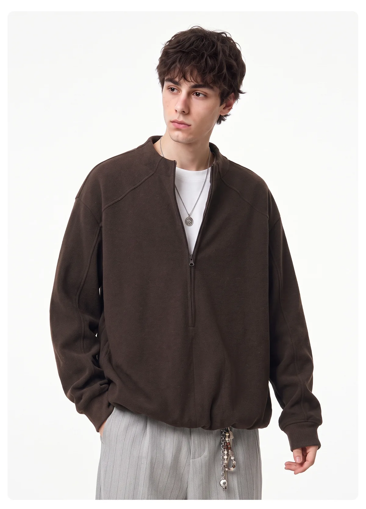 Men's Autumn Winter Oversized Warm Soft Versatile Durable High-Neck Button-Down Sweatshirt Simple Relaxed-Fit Pullover Top.