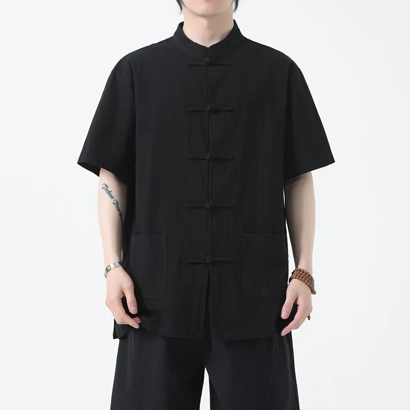 

Summer Breathable Linen Men's irt ort Sve Comfortable Big Size Hanfu Tang Costume Home Wear Pure Color Chinese Faion