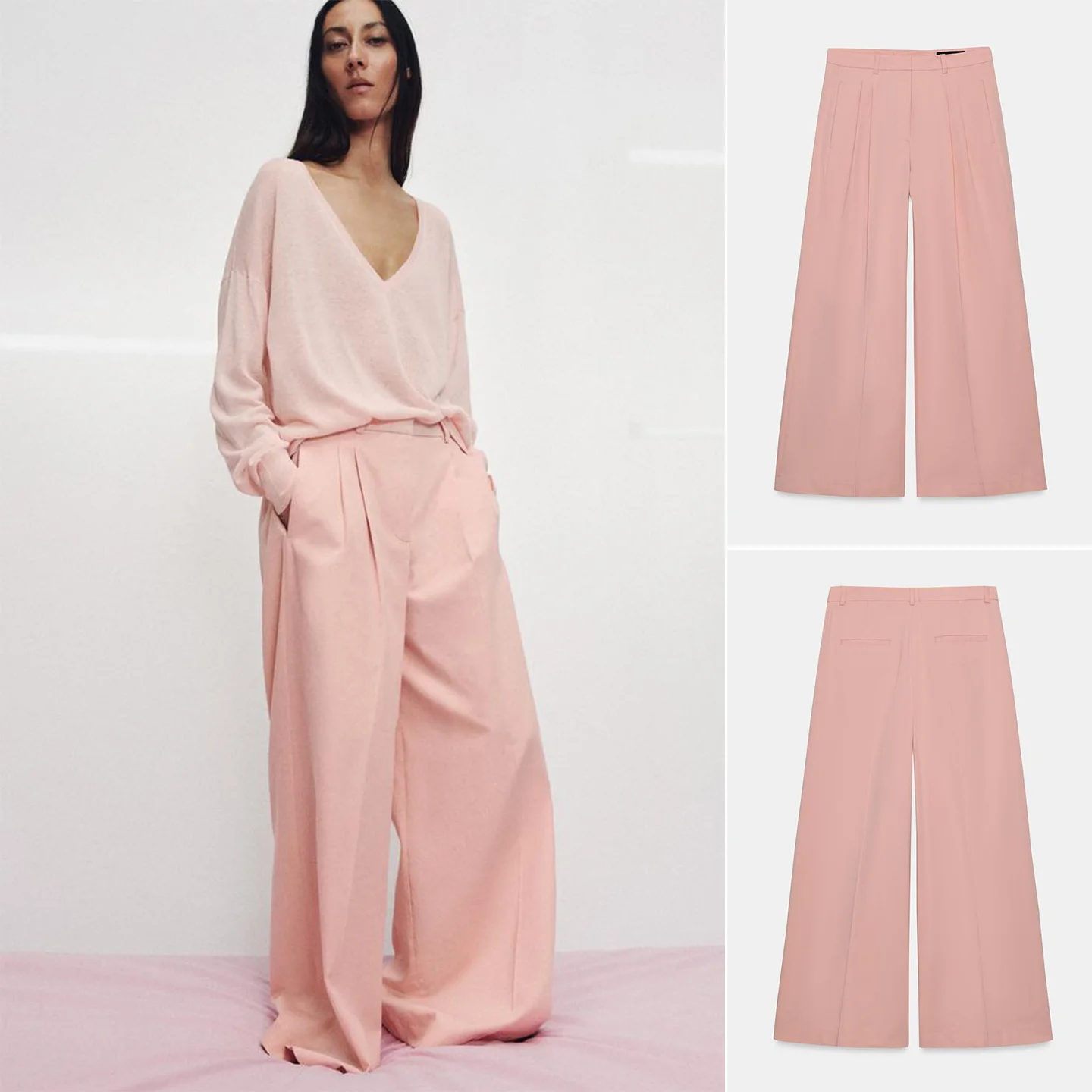 

Spring Summer New Women's Casual Style Long Wide Leg Pants Metal Hook Zipper Natural Waist Pleated Polyester Fiber Ladies