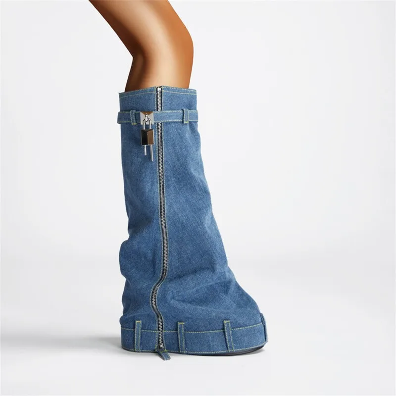 Bottes à plateforme en métal pour femmes, fermeture éclair, mi-mollet, compensées, style punk, chaussures pour femmes, tendance, grande taille, serrure, 2024