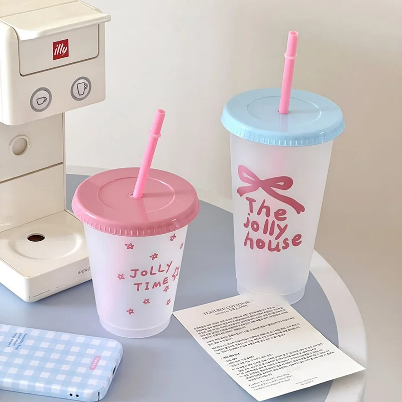 Neue süße Plastik wasser becher mit Deckel und Strohhalm für Mädchen wieder verwendbare Kaffee milch tee mit großer Kapazität kaltes Getränk Trinkbecher bpa kostenlos