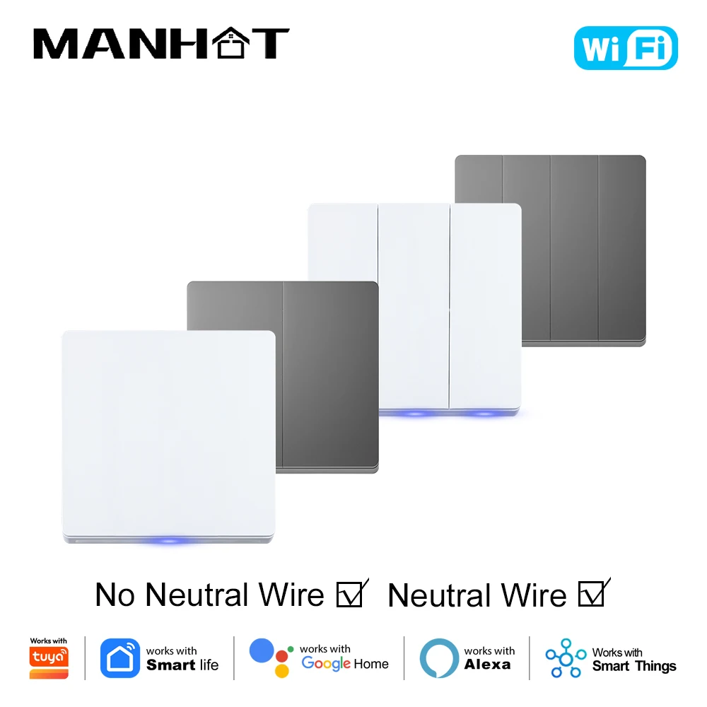 Smart Life EU WIFI Light Switch No Neutral Wire Required Wall Push Button Switch 1/2/3/4 Gang Works with Tuya Alexa Google Home