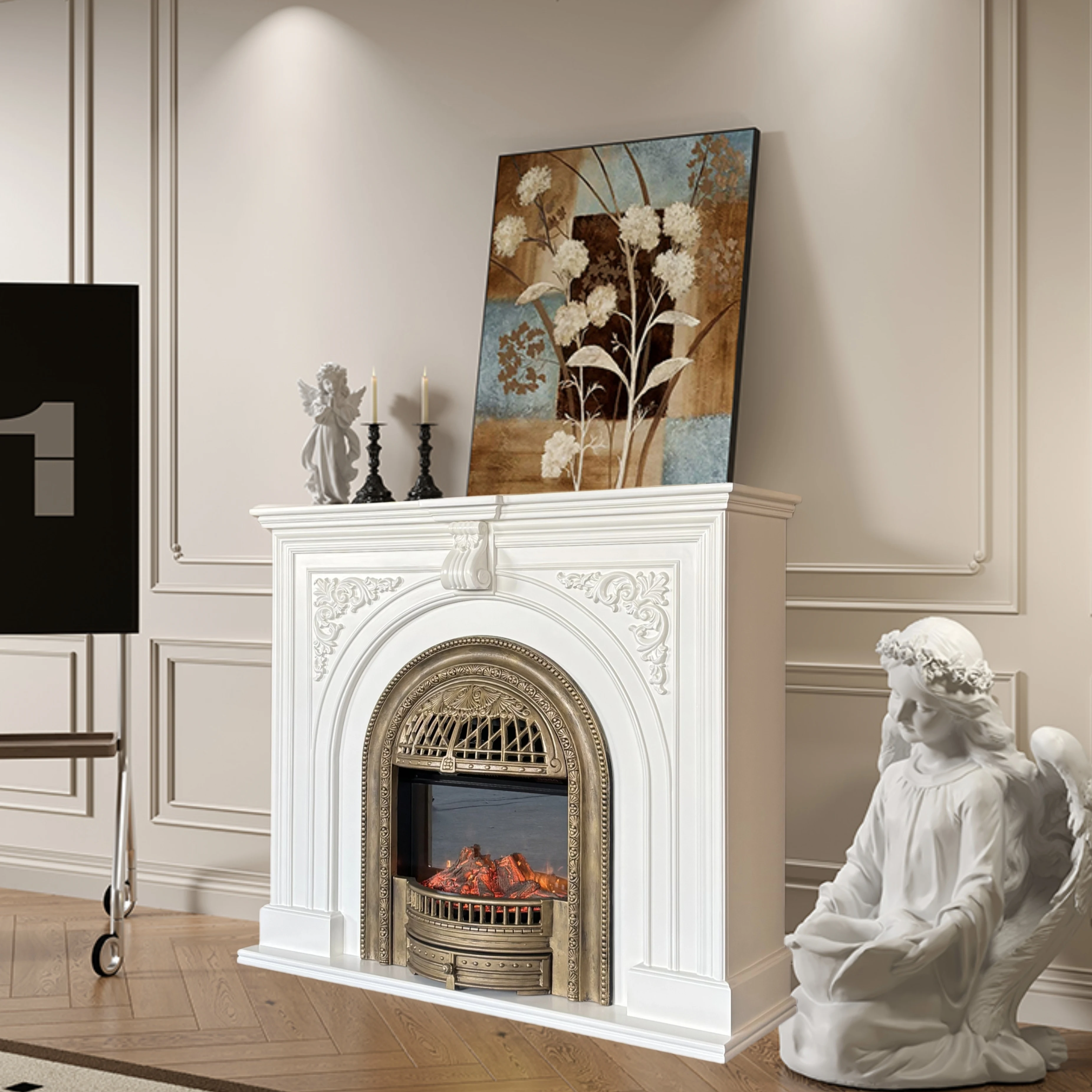 

French retro solid wood fireplace cabinet entrance fireplace decorative cabinet French living room simulation fire fireplace TV