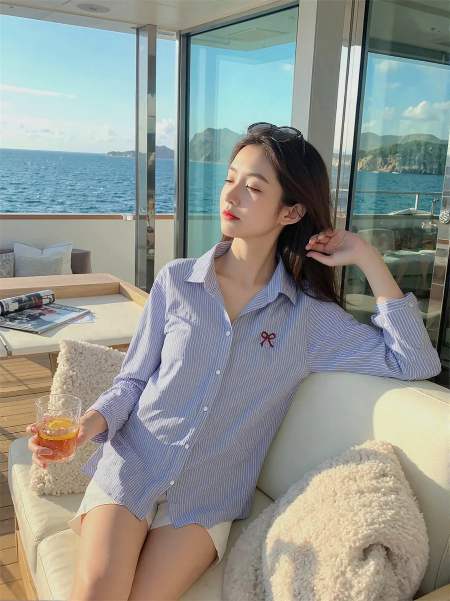 

Striped Long Sleeve Women Party Shirts Ladies Blue White Mandarin Collar Stand Neck Chinese Front Simple Basic Casual Minimalist