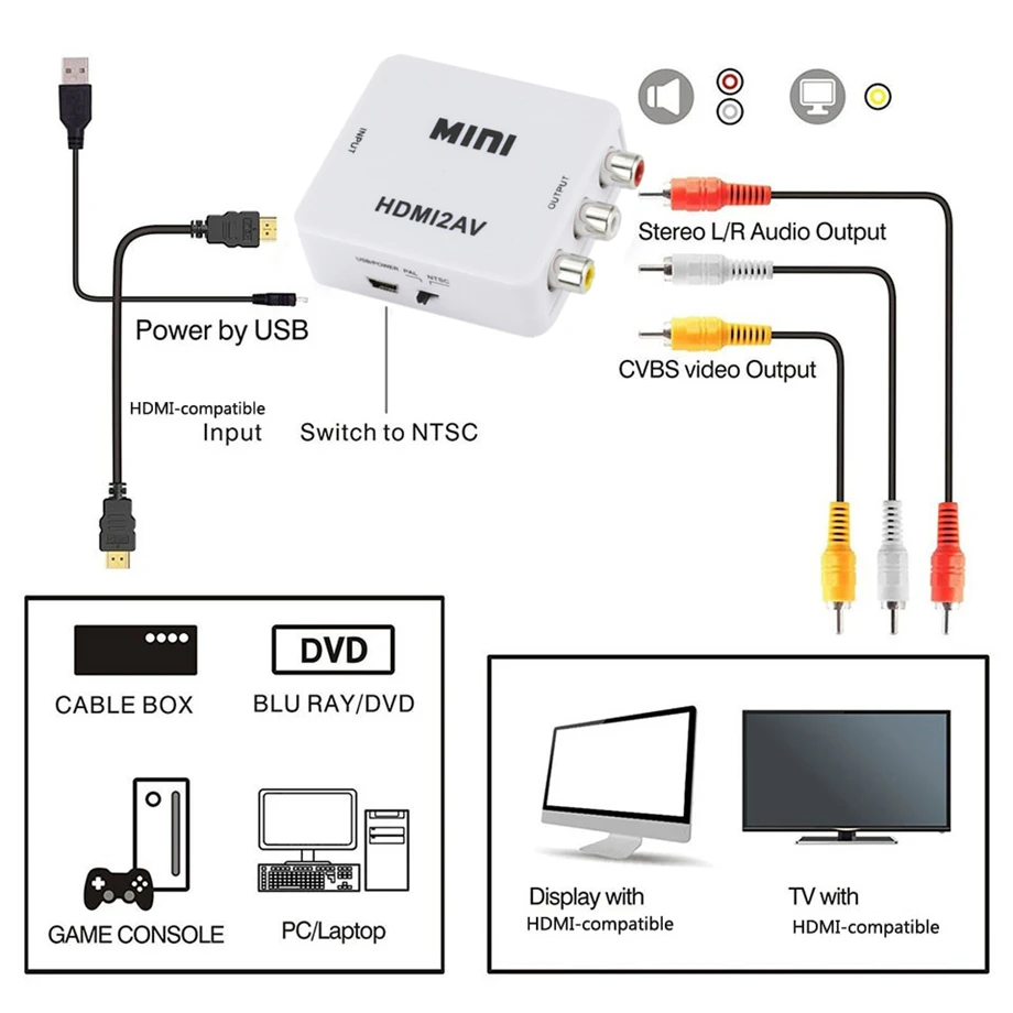 Hdmi-compatível ao conversor av rca cvsb l/r conversor de vídeo caixa hd 1080p scaler vídeo adaptador composto suporte ntsc pal saída