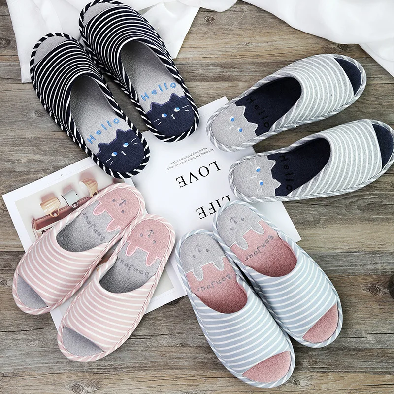 Home Slippers Soft Bottom Indoor Cotton Slip-On Summer Spring Cartoon  Stripe Design Couple Matching House Shoes