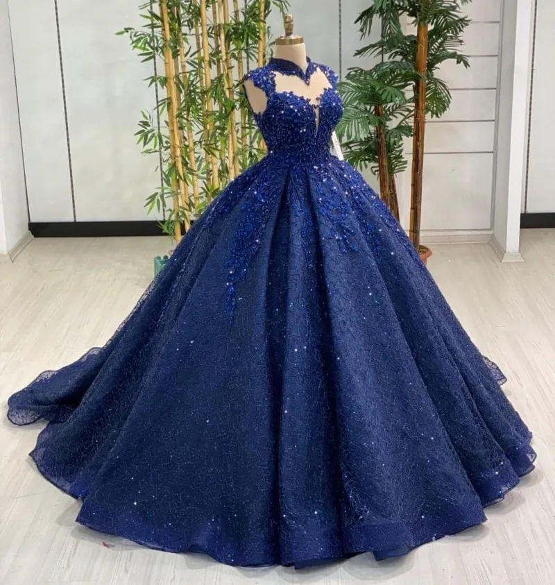 Lace Formal Evening Dress Navy Blue Princess Ball Gown Lace Beading High Collar Cap Sleeves Women Prom Pageant Gowns customized