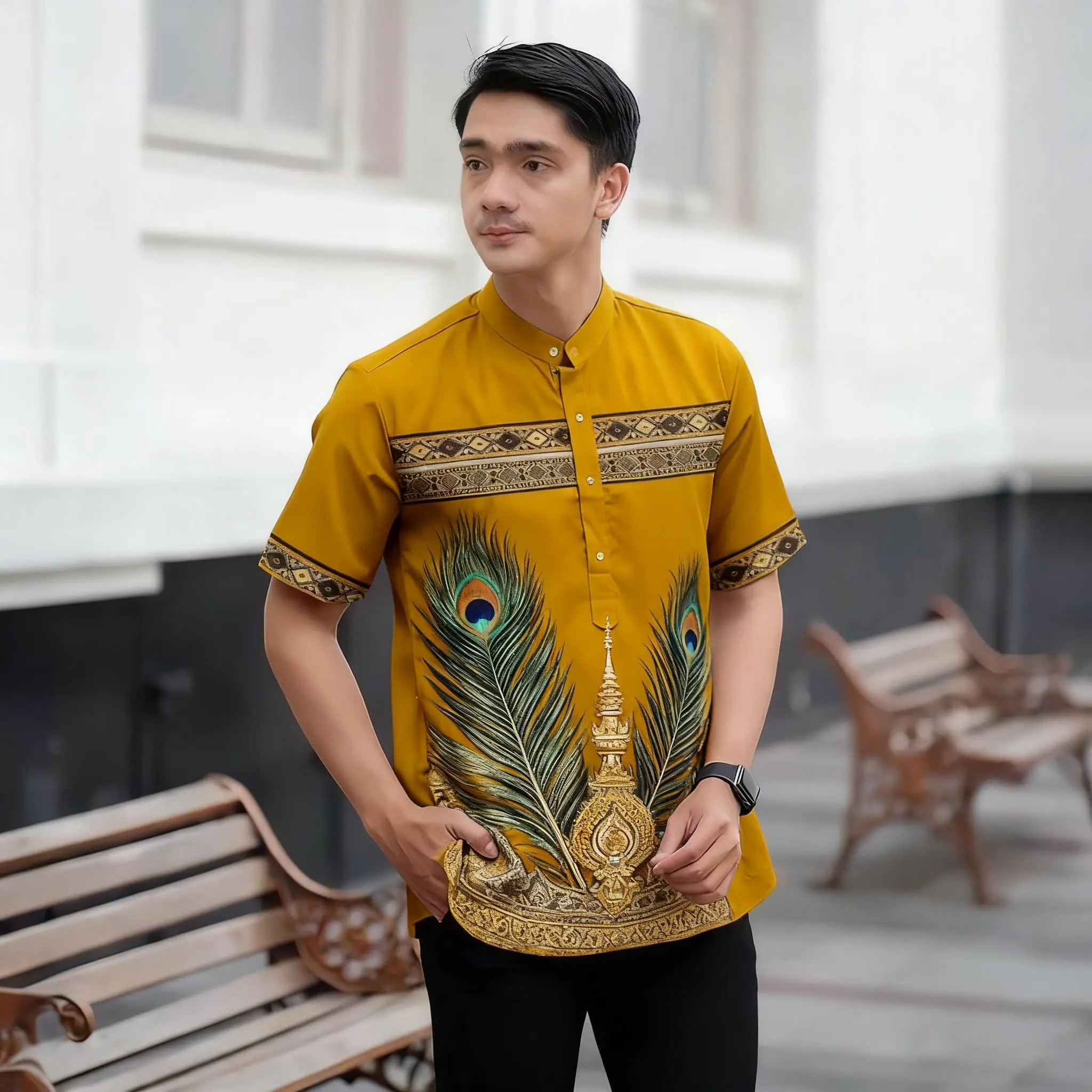 2026 رداء رجالي مسلم بأكمام قصيرة قميص عرقي نمط الوقوف طوق الملابس العربية Vetements أوم Musulman #4