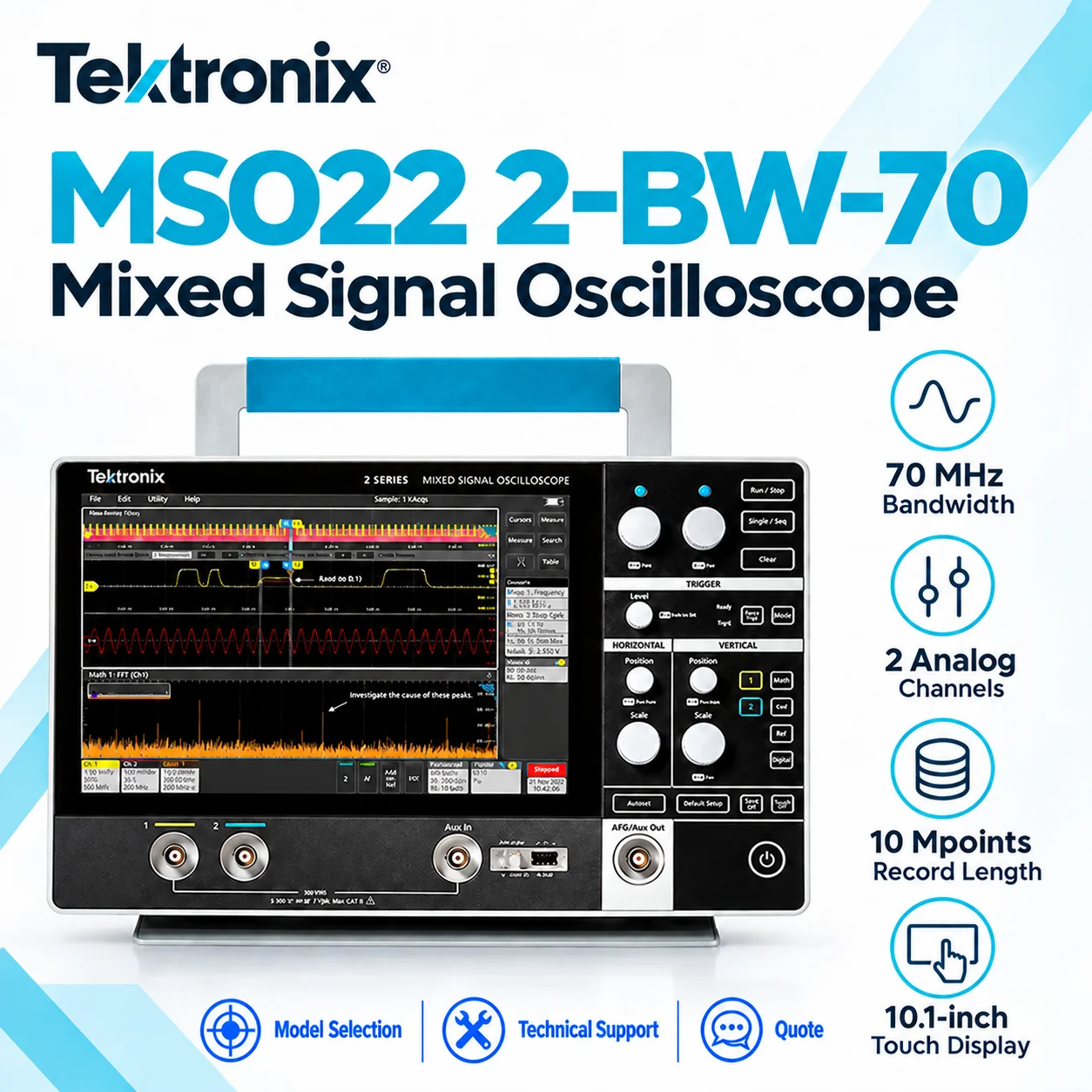 Tektronix MSO22 2-BW-100 MSO24 2-BW-70 Portable Oscilloscope, 2/4-Ch, 70/100MHz, 2.5GS/s, 10Mpts, 10in Touchscreen, 4M wfms/s