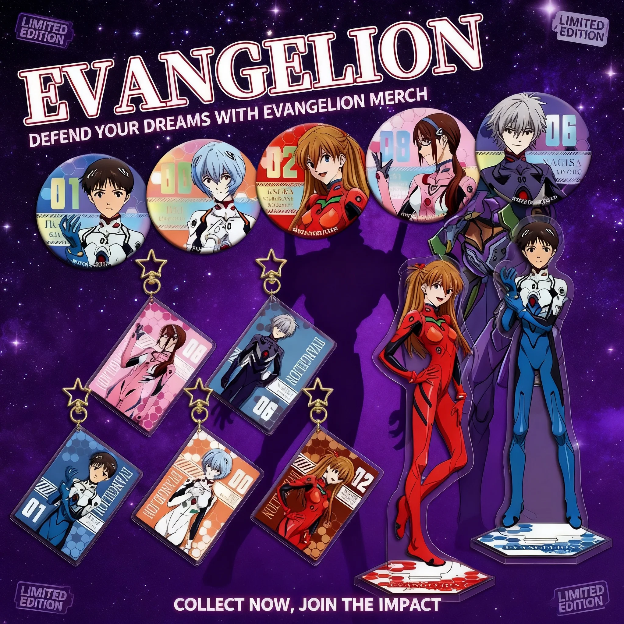 

Evangelion Anime Merchandise Set Neon Genesis Acrylic Stand Keychain Badge Double Sided Flashing LED Pin Keyring Accessories