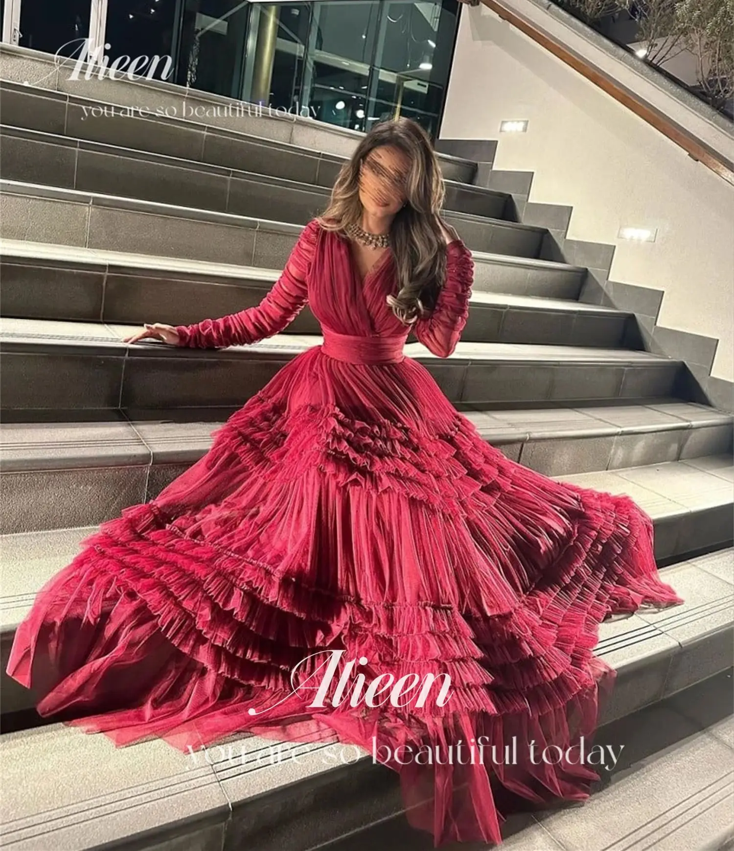 Vestido de fiesta Eid al-fitr, vestido de fiesta de malla rosa rojo esponjoso, vestidos Midi formales elegantes para mujer, bodas de lujo