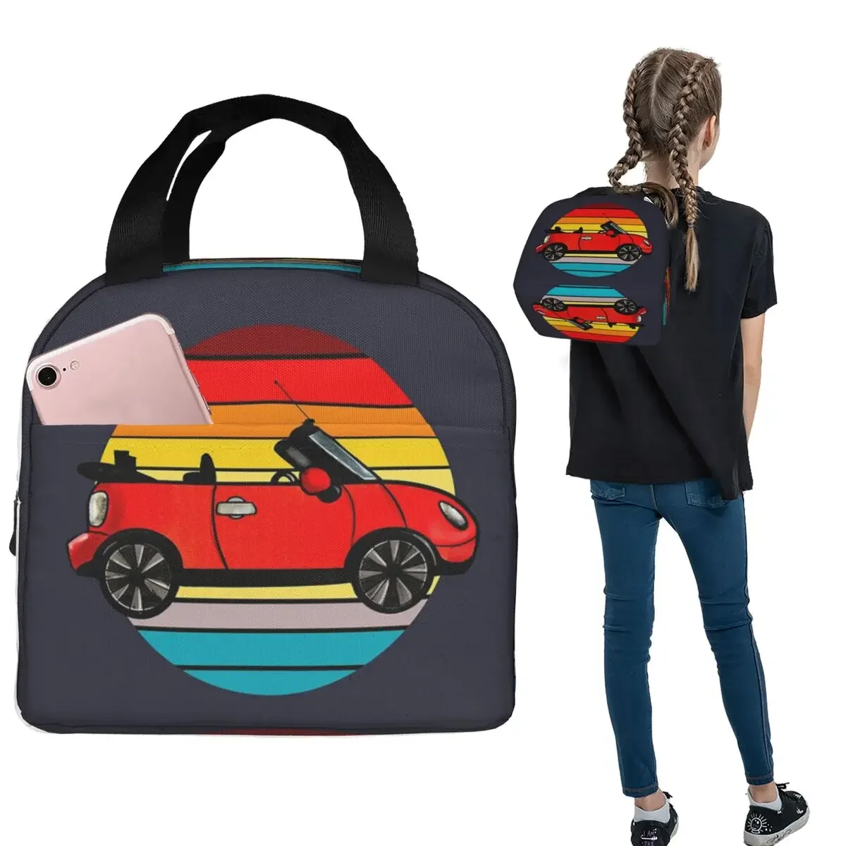 

Изолированная сумка для обеда Mini Cooper Drawing для женщин и детей, портативные контейнеры для еды, термосумка для обеда
