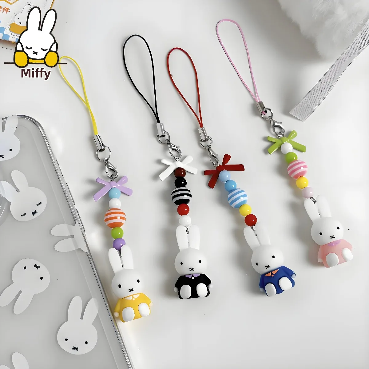 

Kawaii аниме Miffy брелок с мультяшным маленьким кроликом и бантом, креативный брелок для ключей, сумка Y2K, бант в стиле панк, подарок для девочки