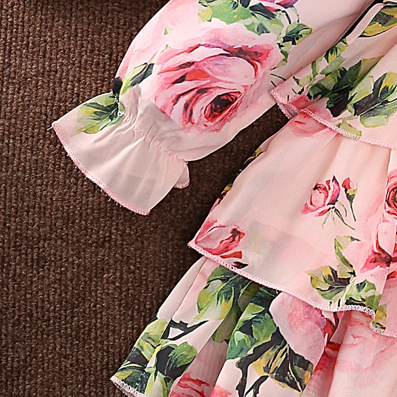 Summer girl dress rose print V-neck dress Spring and autumn long-sleeved cake princess skirt girl clothing