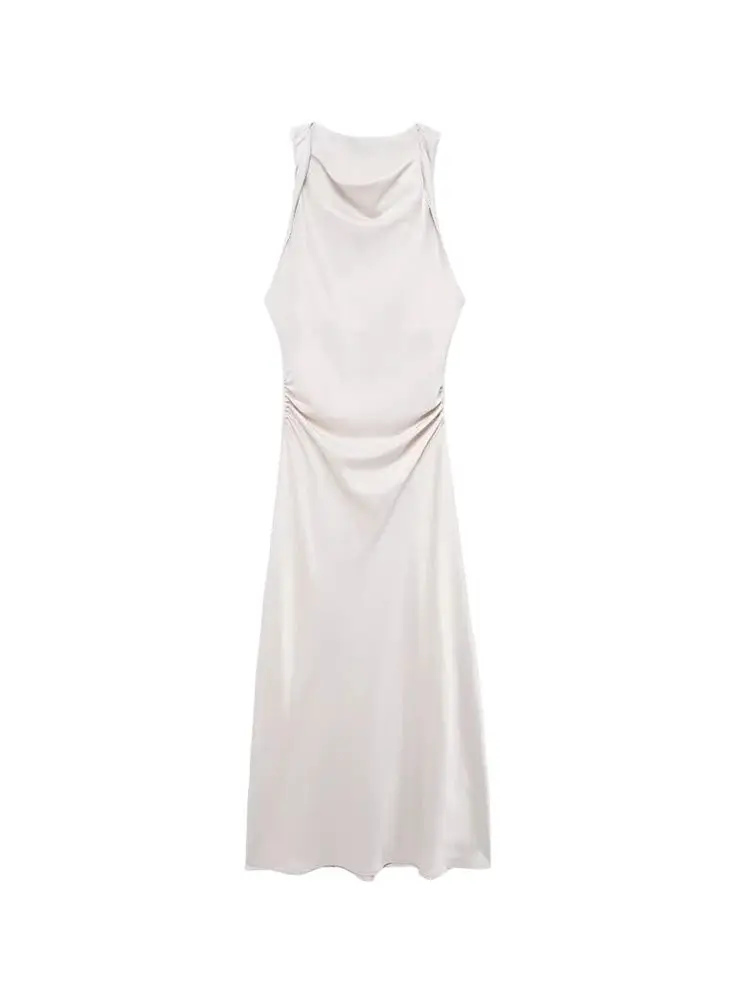Women\'s Fitted Satin Midi Dress, Side with Gathered, O Neck, Sleeveless, Female Dresses, Chic Fashion