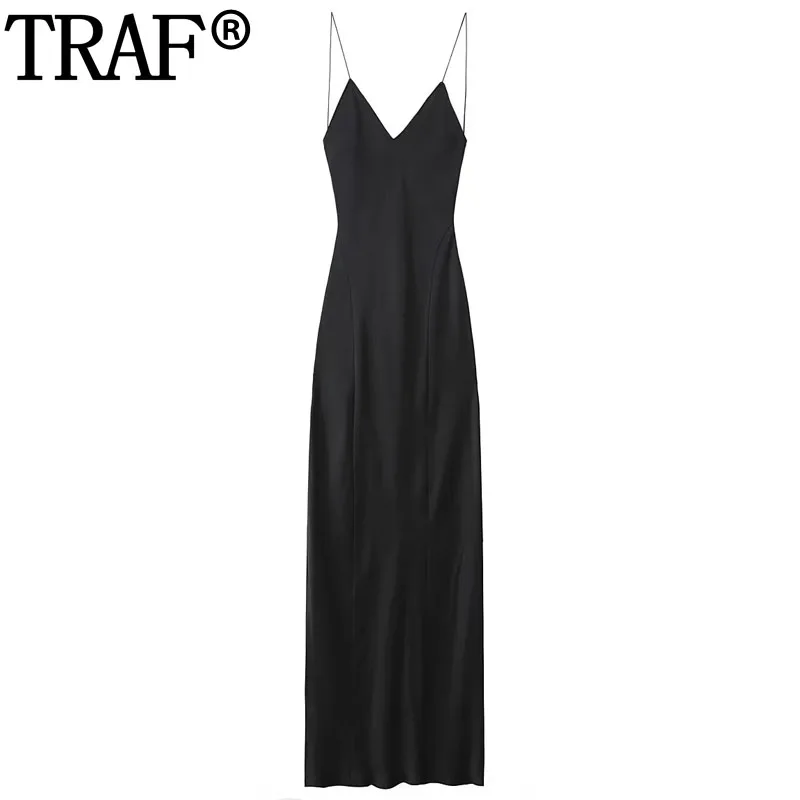 TRAF Satin Slip Dress Woman Sleeveless Black Long Dresses For Women Backless Sexy Prom Evening Dresses Cocktail Party Dresses