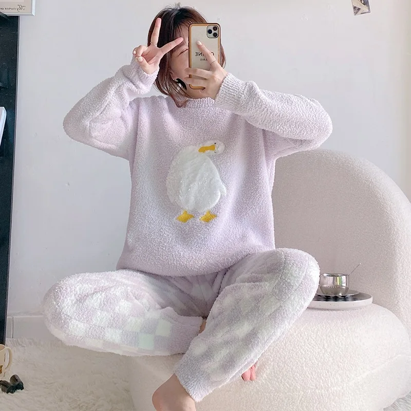 

Winter 2 Pieces Set Pajamas Set Female Free Shipping Flannel Sleepwear High-End Feather Yarn Nighty Suit Lady House Clothes Set