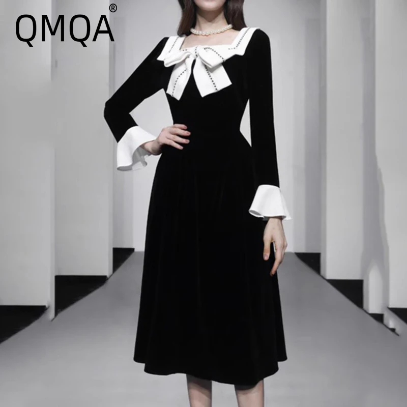 QMQA Women's Fashion Velvet Dress Square Collar Big Bow Decorate Contrast Color Mid-calf Dresses 2025 Spring New Clothing 1A859