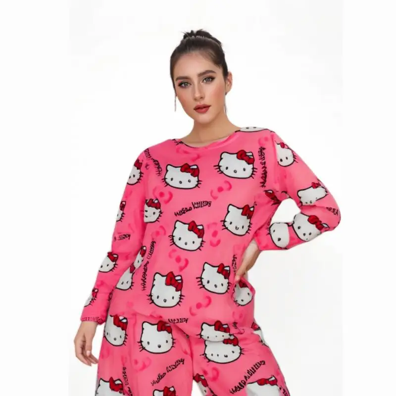 Hello Kitty Christmas Pajamas Set for Women Kwaii Pink Flannel Top Pants Winter Warm Anime Cosplay Costume Xmas pj Homewear